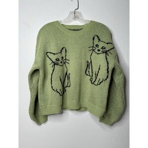 Shein Crop Woven Cat Kitten Sweater Girls Women's Size S/4 Quirky Modern‎ Green